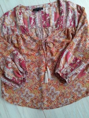 Rachel Zoe Coral-Orange Paisley Tie-Front Peasant Blouse Size S